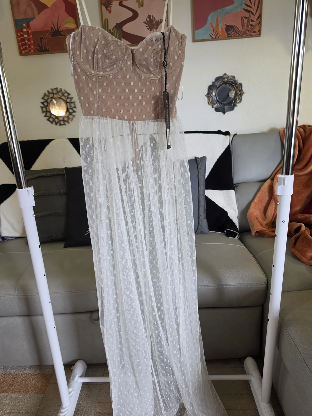 NWT White Fox Totally Bangin Mesh Maxi Dress White Polka Dot Bustier Sm - Picture 2 of 7